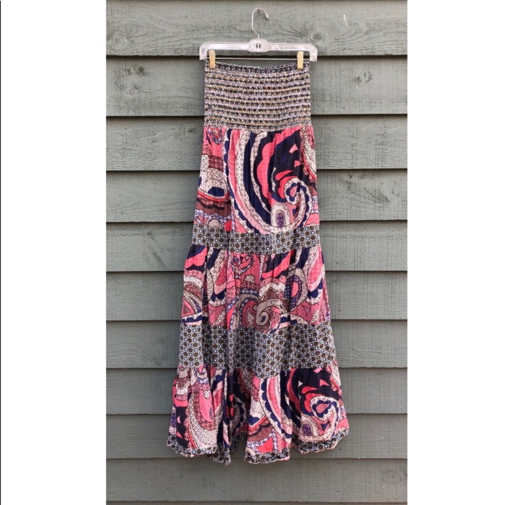 Smocked Tube Top Boho Maxi Dress Pink Ruffle Sz S
